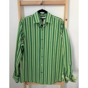 BANANA REPUBLIC MEN DRESS SHIRT L 16-161/2 GREEN NAVY STRIPES FRENCH CUFF (B4)